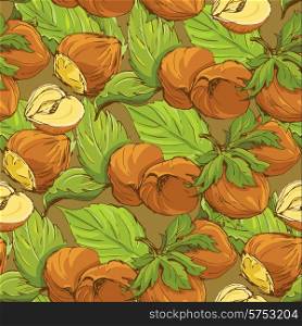 Seamless pattern with highly detailed handdrawn hazelnuts on brown background