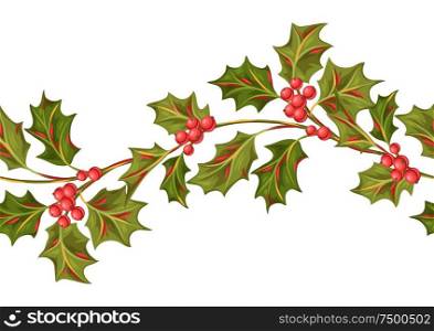 Seamless pattern with holly branches and berries. Stylized hand drawn background in retro style.. Seamless pattern with holly branches and berries.