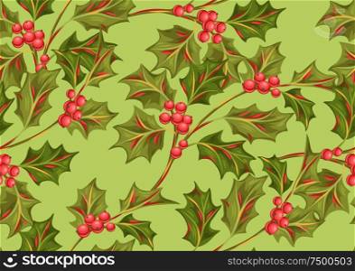 Seamless pattern with holly branches and berries. Stylized hand drawn background in retro style.. Seamless pattern with holly branches and berries.