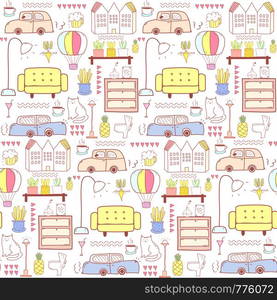 Seamless pattern with home furniture background. Vector illustration.