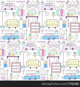 Seamless pattern with home furniture background. Vector illustration.