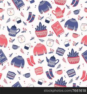 Seamless pattern with hygge concept items. Colorful illustration design. Scandinavian folk motives. Cozy atmosphere at home. Flat vector illustration. 