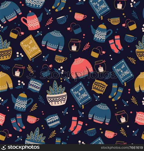 Seamless pattern with hygge concept items. Colorful illustration design. Scandinavian folk motives. Cozy atmosphere at home. Flat vector illustration. 