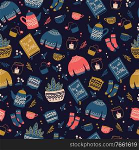 Seamless pattern with hygge concept items. Colorful illustration design. Scandinavian folk motives. Cozy atmosphere at home. Flat vector illustration.
