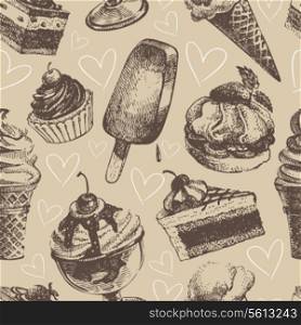 Seamless pattern with ice cream and cakes
