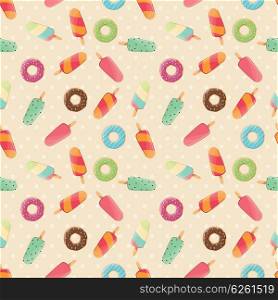Seamless pattern with ice cream and colorful tasty donuts, vector illustration