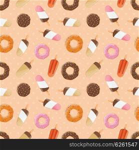 Seamless pattern with ice cream and colorful tasty donuts, vector illustration