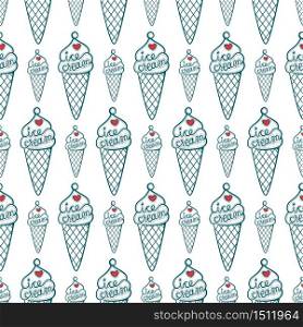 Seamless pattern with ice cream. Ideal for printing onto fabric, desert menu and paper or scrap booking. Repeat background. Sketch style. Ice cream with heart and lettering.