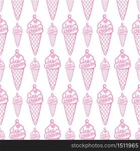 Seamless pattern with ice cream. Ideal for printing onto fabric, desert menu and paper or scrap booking. Repeat background. Sketch style. Ice cream with heart and lettering.