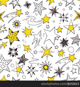 Seamless pattern with illustrations of hand drawn stars. Vector star pattern sketch, asterisk and starry background. Seamless pattern with illustrations of hand drawn stars