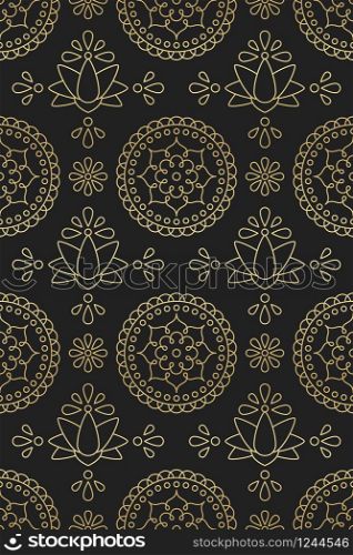 Seamless pattern with indian ornament mandala, lotus and flower in Oriental motifs golden gradient on black backdrop