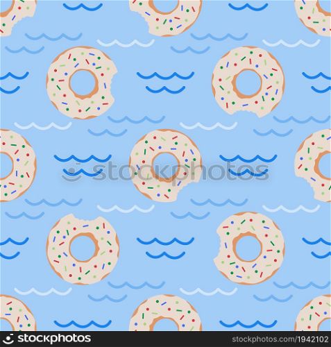 Seamless pattern with inflatable swim ring in the form of a sweet donut. Summer holidays. Pool floating toys. Trendy design concept for summer fashion textile print.