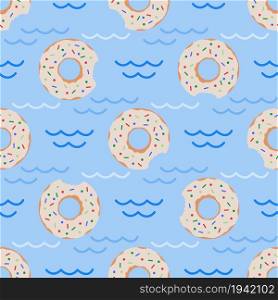 Seamless pattern with inflatable swim ring in the form of a sweet donut. Summer holidays. Pool floating toys. Trendy design concept for summer fashion textile print.