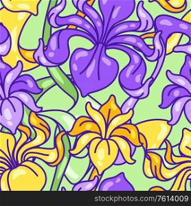 Seamless pattern with iris flowers. Art Nouveau vintage style. Natural decorative plants.. Seamless pattern with iris flowers. Art Nouveau vintage style.