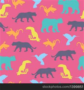Seamless pattern with isolated animals and birds. The bear , jaguar , toucan, lizards , hummingbirds. Vector. Seamless pattern with isolated animals and birds. The bear , jaguar , toucan, lizards , hummingbird. Vector