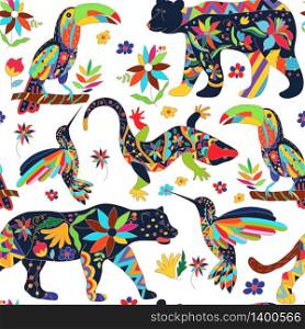 Seamless pattern with isolated Mexican animals and flowers. The black bear , jaguar , toucan, lizards , hummingbirds. Traditional Mexican animals in colorful colors and flowers. Vector illustration.. Seamless pattern with isolated Mexican animals and flowers. Vect