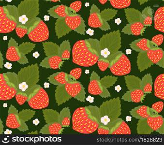 Seamless pattern with juicy strawberries, foliage and small white flowers. Summer texture with hand drawn berries. Natural wallpaper with fruits and leaves on a green background.. Seamless pattern with juicy strawberries, foliage and small white flowers. Summer texture with hand drawn berries. Natural wallpaper