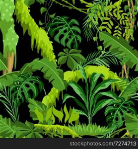 Seamless pattern with jungle plants. Tropical leaves. Woody natural rainforest.. Seamless pattern with jungle plants.