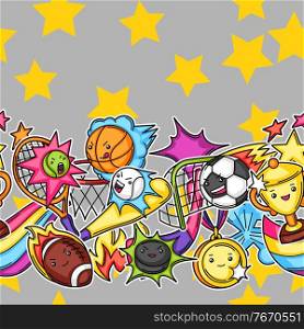 Seamless pattern with kawaii sport items. Cute funny characters. Illustration for competition and tournament.. Seamless pattern with kawaii sport items.
