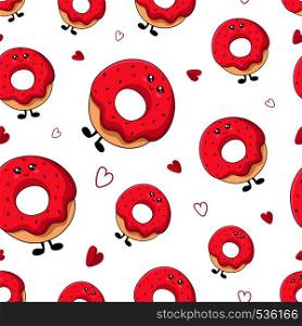 Seamless pattern with kawaii sweet food - donuts and hearts on white background. Endless texture with cute cartoon sweets or dessers. Illustration for printing on textile, wrapper. Flat style. Kawaii Food Collection