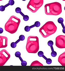 Seamless pattern with kettlebells and dumbbells in flat style. Stylized sport equipment background.. Seamless pattern with kettlebells and dumbbells in flat style.