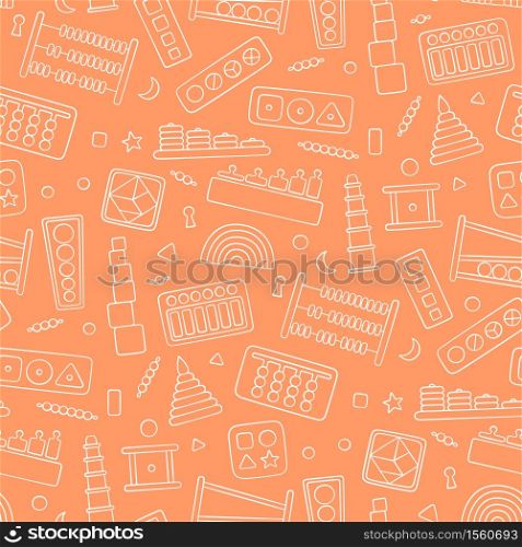 Seamless pattern with kid toys for Montessori games. Education logic toys for preschool children. Vector illustration in doodle style on orange background. Seamless pattern with kid toys for Montessori games. Education logic toys for preschool children.