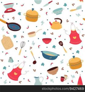 Seamless pattern with kitchen items. Gastronomy culinary equipment isolated elements. Cooking utensils. Decor textile, wrapping paper, wallpaper design. Print for fabric. Vector cartoon flat concept. Seamless pattern with kitchen items. Gastronomy culinary equipment isolated elements. Cooking utensils. Decor textile, wrapping paper, wallpaper design. Vector cartoon flat concept