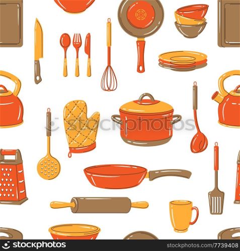 Seamless pattern with kitchen utensils. Cooking equipment for home and restaurant.. Seamless pattern with kitchen utensils. Cooking tools for home and restaurant.