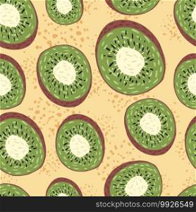 Seamless pattern with kiwi hand drawn ornament. Green random fruit shapes on beige background with splashes. Designed for fabric design, textile print, wrapping, cover. Vector illustration.. Seamless pattern with kiwi hand drawn ornament. Green random fruit shapes on beige background with splashes.