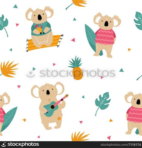 Seamless pattern with koalas, hawaiian summer elements. For gift boxes, textures, apparels, prints. Seamless pattern with cute koalas, ukulele, bright icons