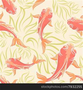 Seamless pattern with koi fishes and seaweed.