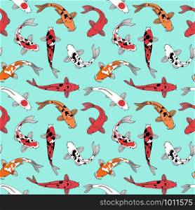 Seamless pattern with koi fishes on blue background. Japanese and Chinese carps.
