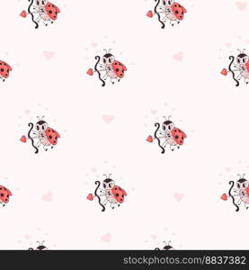 Seamless pattern with ladybug. Cute Amur insect ladybird on white background with hearts. Vector illustration. romantic endless background