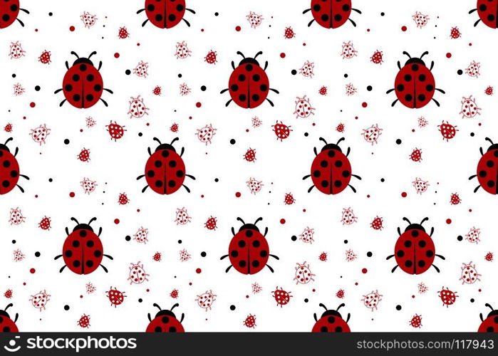 Seamless pattern with ladybugs flat on background. Vector texture illustration