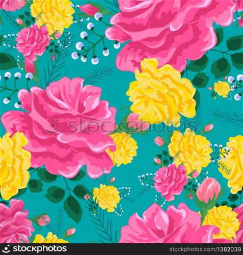 Seamless pattern with large realistic red and yellow roses on a emerald background. Vector illustration in the style of shabby chic.Print for book covers, textile,fabric,wrapping gift paper. large realistic red and yellow roses