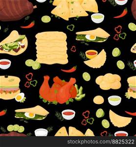 Seamless pattern with latin american cuisine. Mexican food Quesadilla, Taco, Empanadas, Achiote Chicken, grilled meat on black background. Vector illustration. Endless background traditional dishes