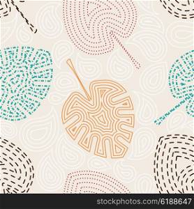Seamless pattern with leaf palm . Texture in Memphis retro style. Fabric, prints, background. Vintage Memphis background with abstract design elements. Stock vector