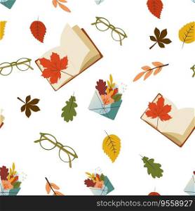 Seamless pattern with leaves, glasses, book. Perfect for wallpaper, gift paper, pattern fills, web page background, autumn greeting cards. Pattern in swatches.