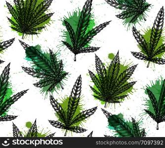 Seamless pattern with leaves of marijuana with hatching and watercolor splashes. Vector engraving texture for fabrics, wallpapers and your creativity.. Seamless pattern with leaves of marijuana with hatching and watercolor splashes. Vector engraving texture