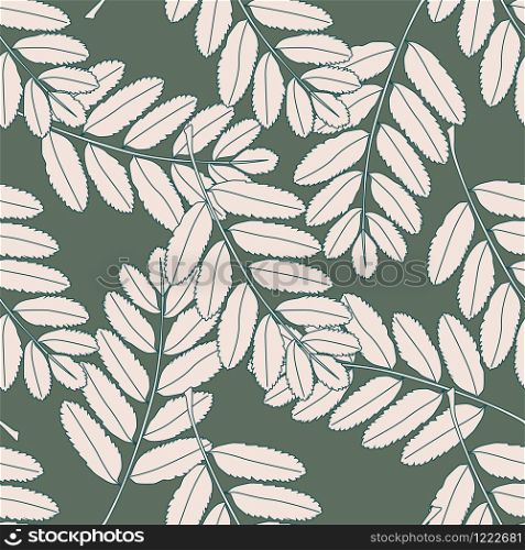 Seamless pattern with leaves on green background. Botanical wallpaper. Summer vintage leaf. Textile ornament. Design for fabric, textile print, wrapping paper. Vector illustration. Seamless pattern with leaves on green background. Botanical wallpaper.