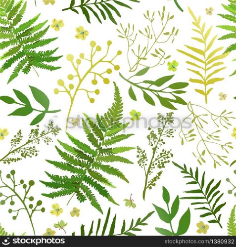 Seamless pattern with leaves. Vector floral set with hand drawn green foliage and flowers. Design for prints and textile.. Seamless pattern with leaves. Vector floral set with hand drawn