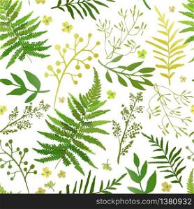 Seamless pattern with leaves. Vector floral set with hand drawn green foliage and flowers. Design for prints and textile.. Seamless pattern with leaves. Vector floral set with hand drawn