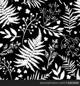 Seamless pattern with leaves. Vector floral set with hand drawn silhouettes of white foliage and flowers on black. Design for prints and textile.. Seamless pattern with leaves. Vector floral set with hand drawn