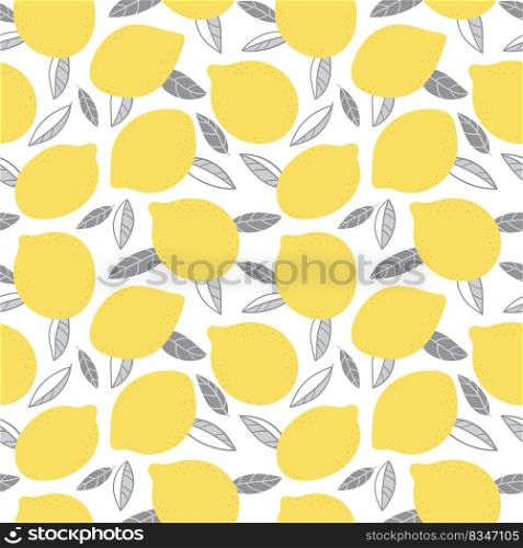 Seamless pattern with lemons and leaves on a white background. Perfect for spring and summer gift paper, fabric, cover design. Seamless pattern with lemons and leaves on a white background. Trendy colors.
