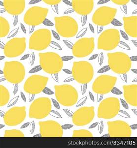 Seamless pattern with lemons and leaves on a white background. Perfect for spring and summer gift paper, fabric, cover design. Seamless pattern with lemons and leaves on a white background. Trendy colors.