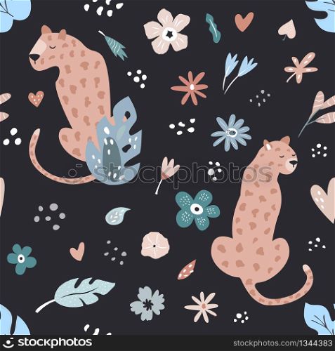 Seamless pattern with leopards and floral prints