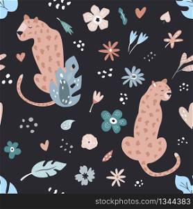 Seamless pattern with leopards and floral prints