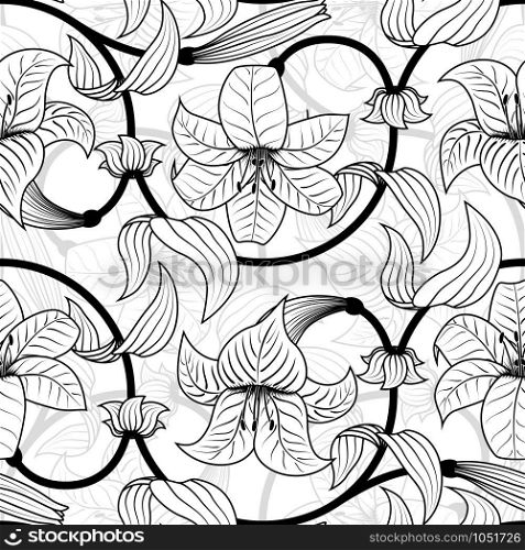 Seamless pattern with lily flowers on white background. tropical summer, black and white colors. Vector illustration. Vector seamless pattern with lily flowers on white background. tropical summer, black and white colors