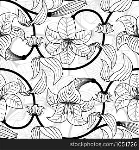 Seamless pattern with lily flowers on white background. tropical summer, black and white colors. Vector illustration. Vector seamless pattern with lily flowers on white background. tropical summer, black and white colors