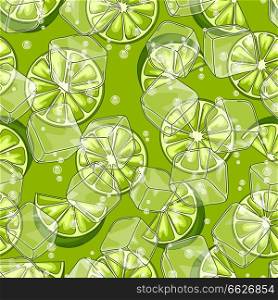Seamless pattern with limes. Ice cubes and soda bubbles. Fresh healthy juice. Delicious flavored cold drink. Green stylized citrus fruits whole and slices.. Seamless pattern with limes. Ice cubes and soda bubbles.